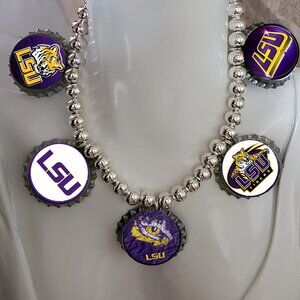 LSU  bottlecap necklace artisan  beaded unique singer icon gift